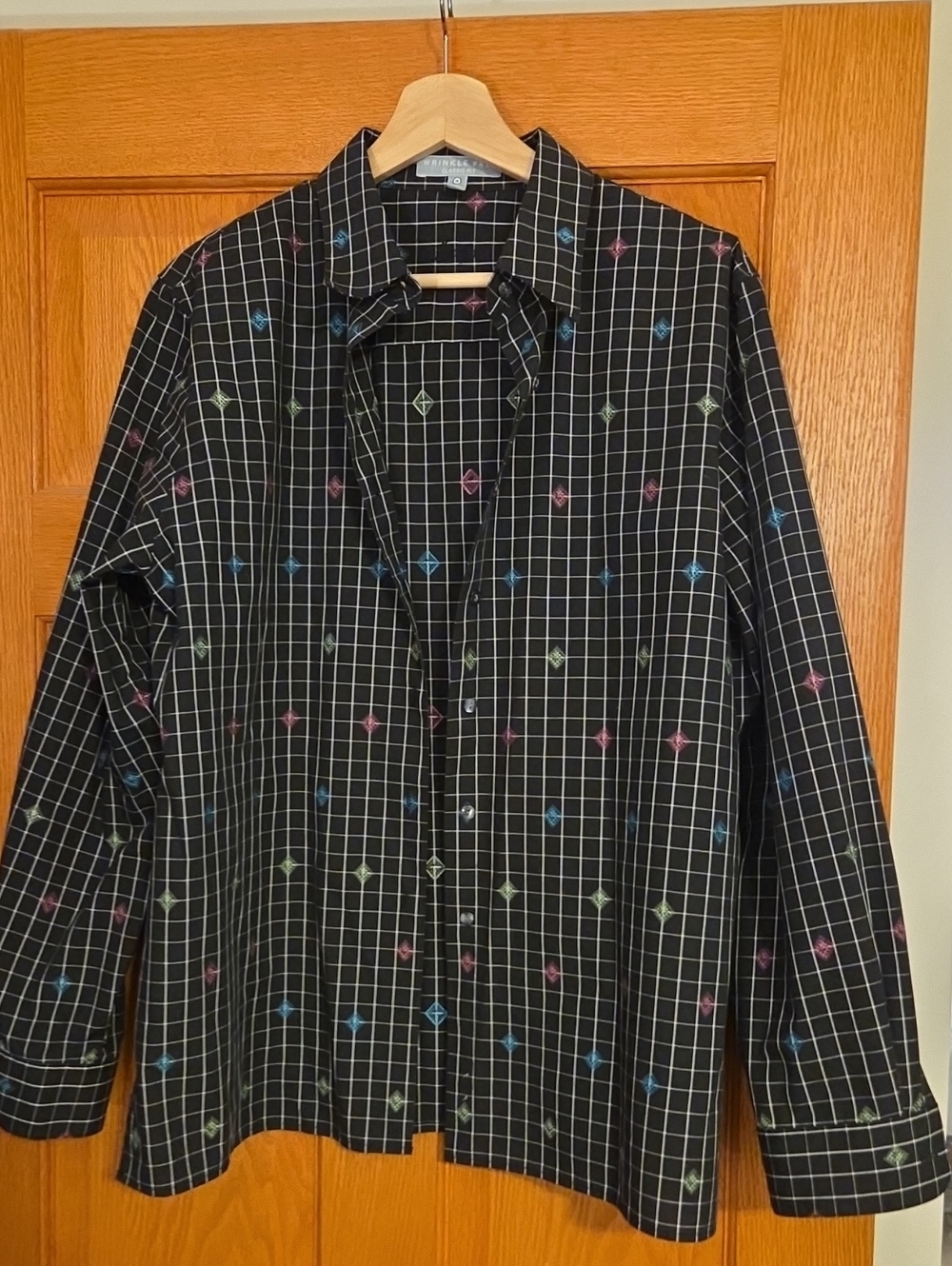 Vintage Black Grid Button-Up Shirt with Multicolor Diamond Accents
